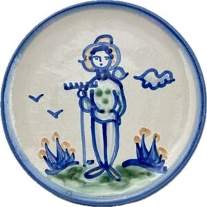 M A Hadley Pottery FARMER 6" Bread Plate Blue Green and Pink Made in USA